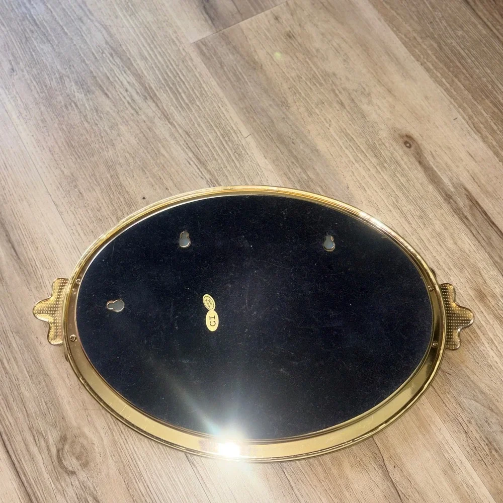 CI Gold Oval Mirrored Vanity Tray Bow Floral Accents Vintage Style 13.5in